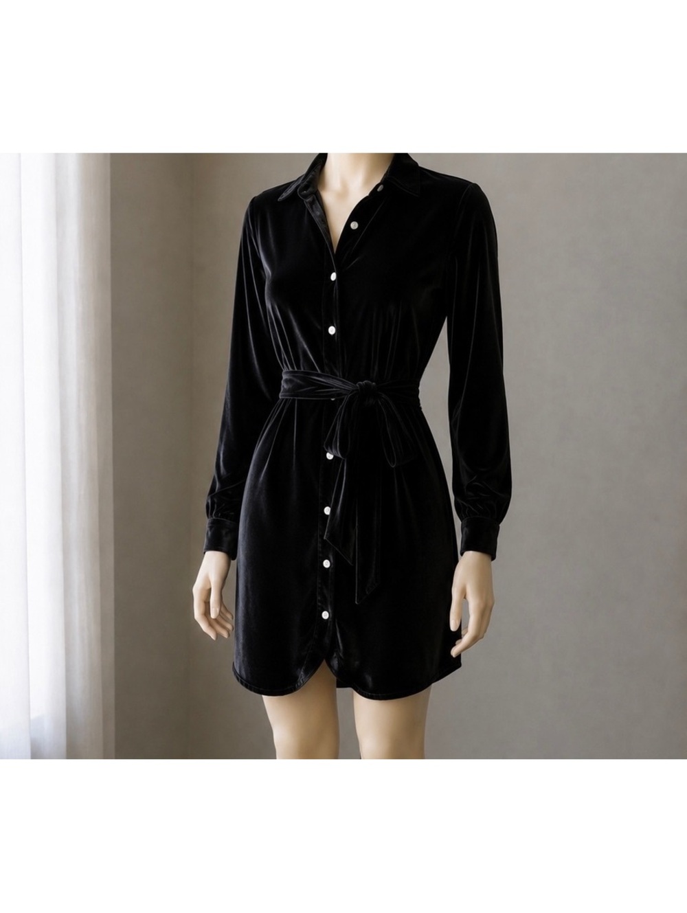 Leadingstar Women’s Black Velvet Shirt Dress Size M Belted Buttoned Long Sleeve